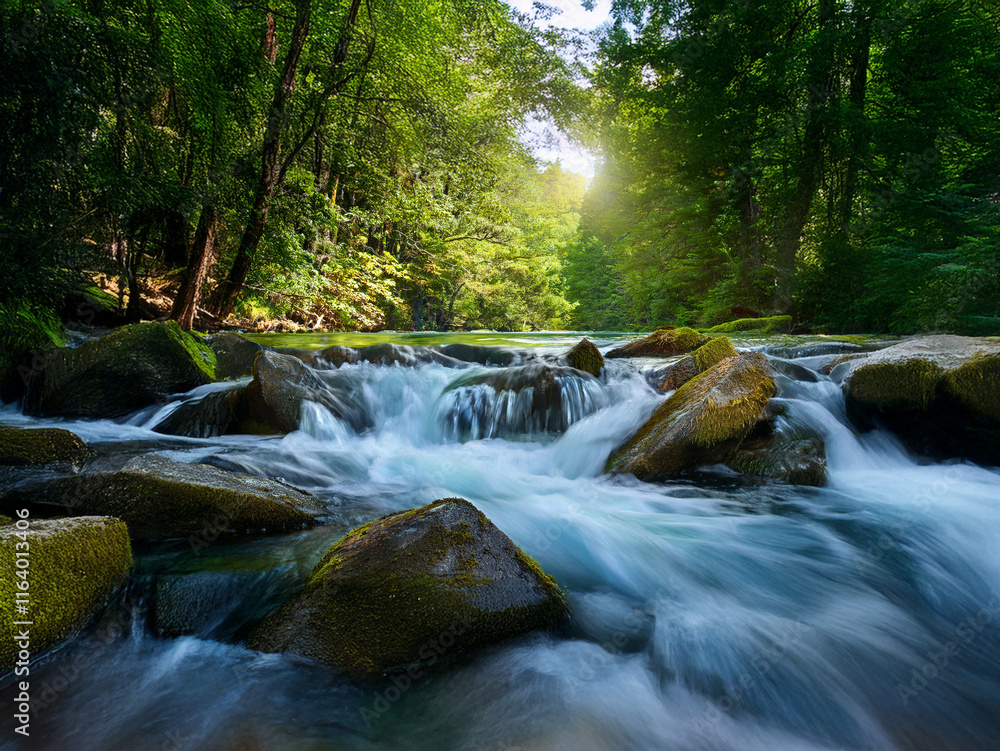 Poster Sunlit stream flows through lush green forest, cascading over moss-covered rocks.  Water is smooth and tranquil, creating a serene atmosphere.