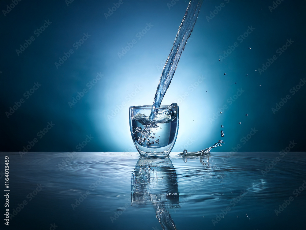 Poster Water pours into a glass on a reflective surface, creating dynamic splashes and ripples.  The background is a deep blue gradient.