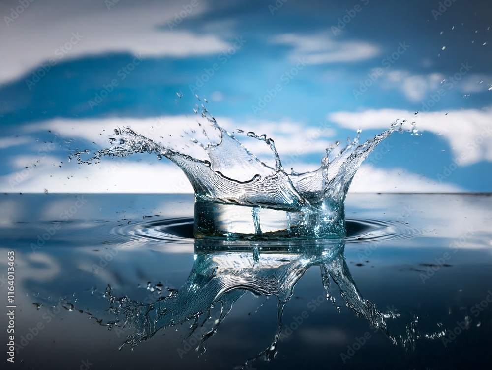 Poster a mesmerizing water droplet impact, creating a crown-like splash against a backdrop of serene blue s