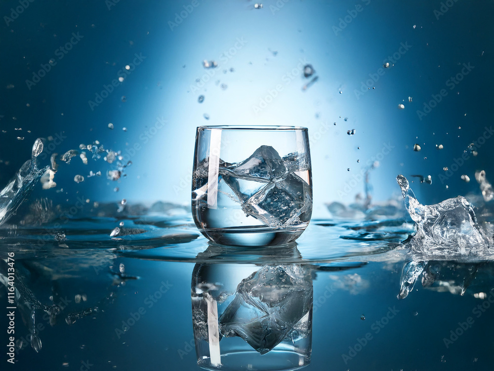 Poster a glass of ice water sits on a reflective surface, surrounded by splashing water droplets against a 