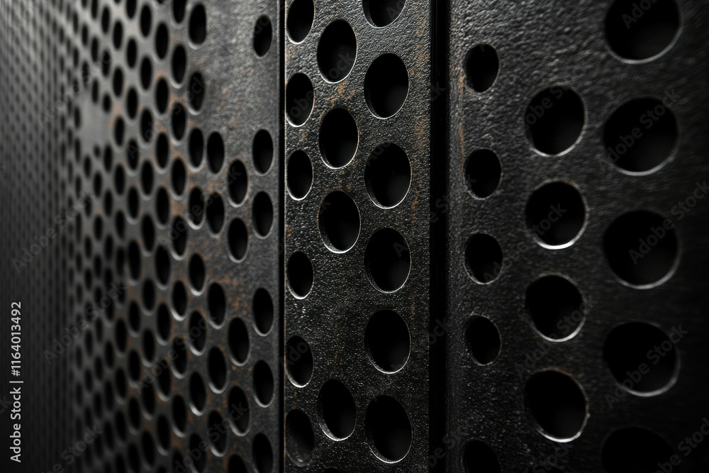 Poster close-up of a textured metal surface featuring evenly spaced circular perforations.