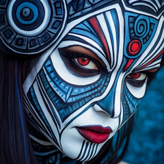 Naklejka premium Close-up of a woman with intricate blue and red tribal-style face paint, showcasing futuristic and artistic makeup design