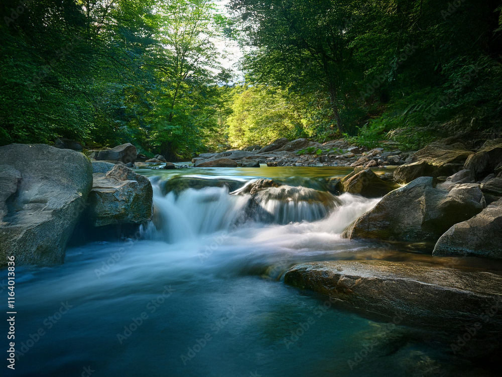 Poster Serene stream flows through lush forest, cascading over smooth rocks. Sunlight filters through the canopy, creating a tranquil scene.  The water is clear and blue.