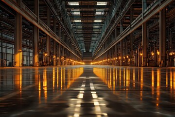 Serene Futuristic Factory Floor with Glowing Effects