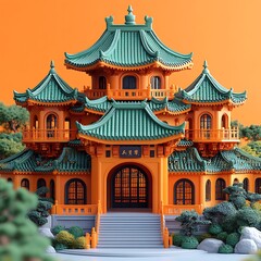 Fototapeta premium Artistic Chinese Pavilion Design Featuring Steps and Ornamental Garden Details Illustration