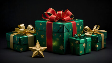 Obraz premium Beautifully wrapped New Year's gifts stacked together, featuring colorful paper, shimmering bows, and festive tags.