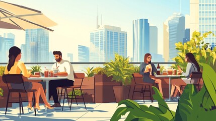 Diverse group of business professionals enjoying lunch outdoors on a rooftop patio overlooking a modern city skyline.