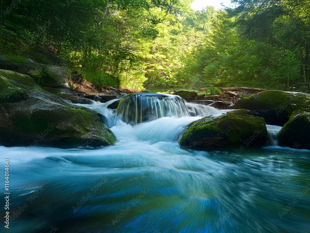 Poster Serene forest stream flows smoothly over moss-covered rocks, creating a tranquil scene with sunlit foliage overhead.  The water appears blueish and slightly blurred, suggesting motion.