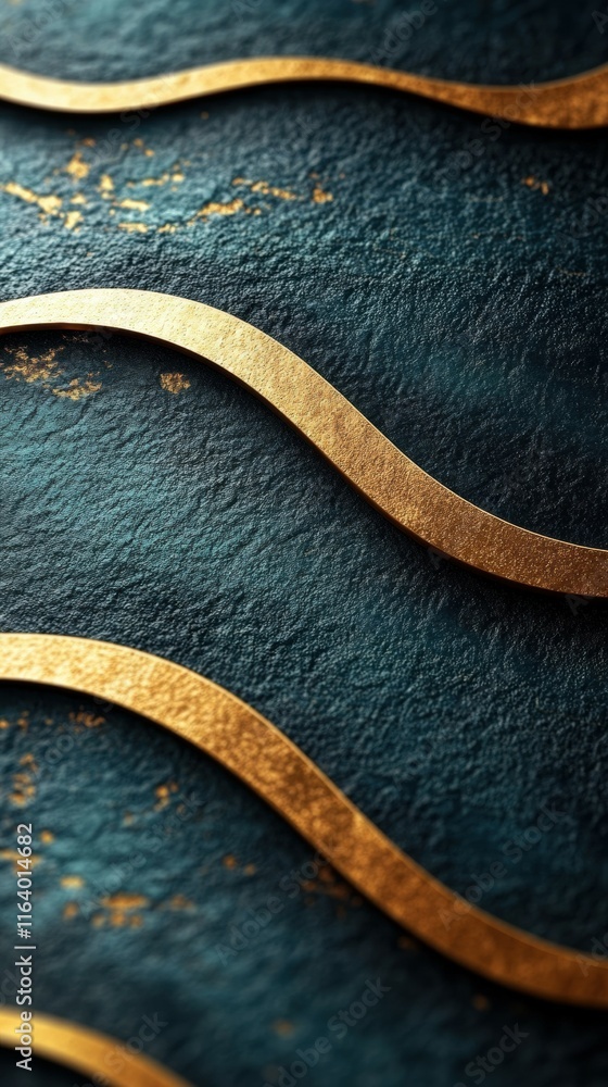 Poster abstract design featuring curved gold lines on a textured teal background.