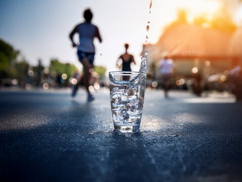 Refreshing water with ice in a glass sits on a city street as blurred runners race by in the sunny background.  A sense of hydration and athletic achievement is captured.