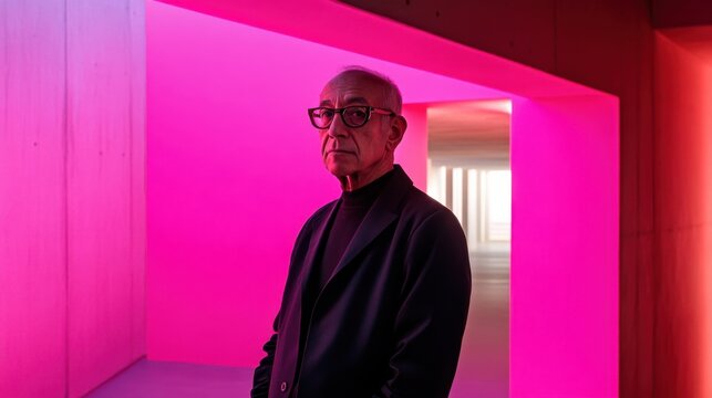 Luis Barragan poses in an architectural space illuminated by vibrant lighting