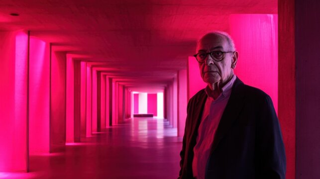 Luis Barragan in an architectural space illuminated by vibrant pink lighting