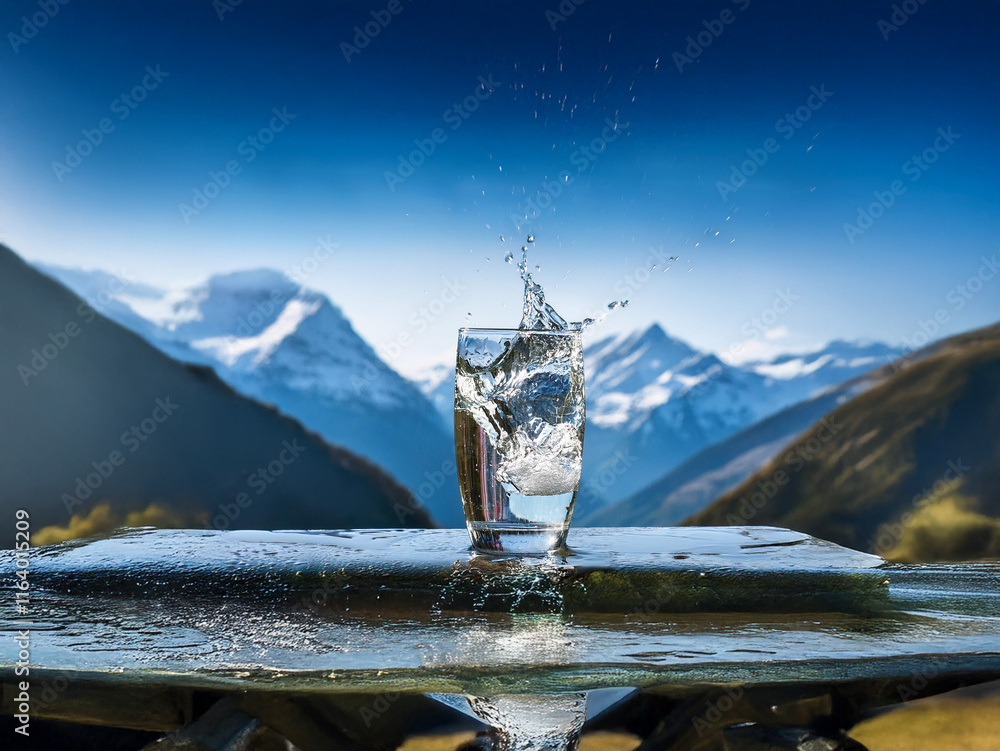 Poster a glass of pristine water splashes dramatically against a backdrop of snow-capped mountains under a 