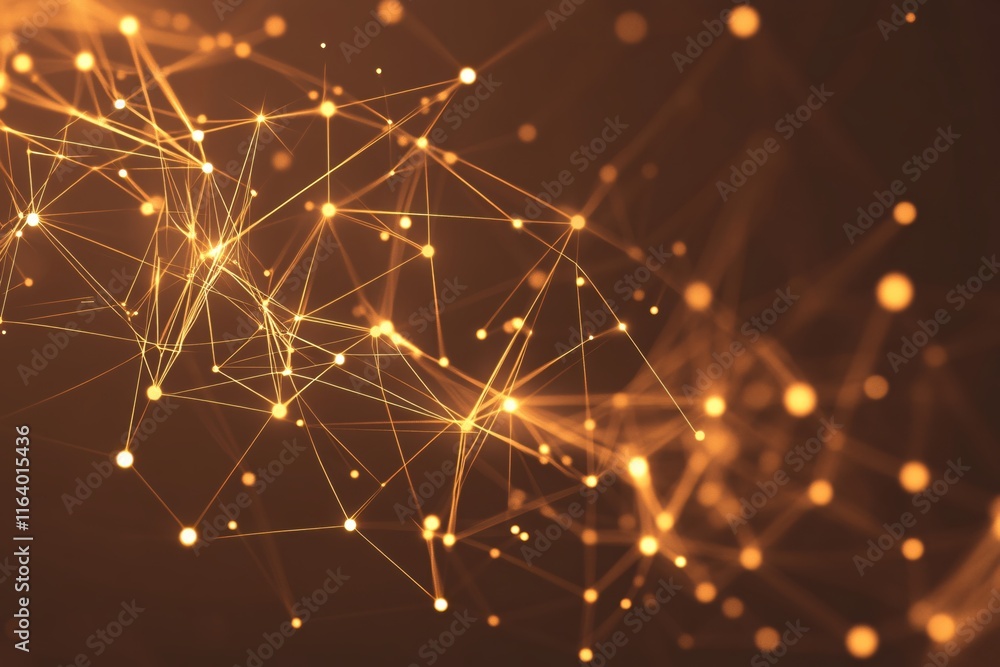 Poster abstract golden network design with sparkling lights and dots on dark background
