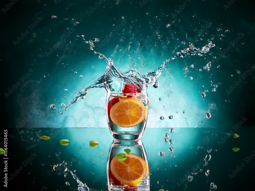 Fototapete a vibrant image depicts a refreshing scene of orange slices and berries submerged in a glass of wate