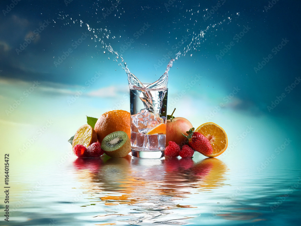 Poster refreshing image of a glass of iced water splashing, surrounded by assorted fresh fruits, reflecting