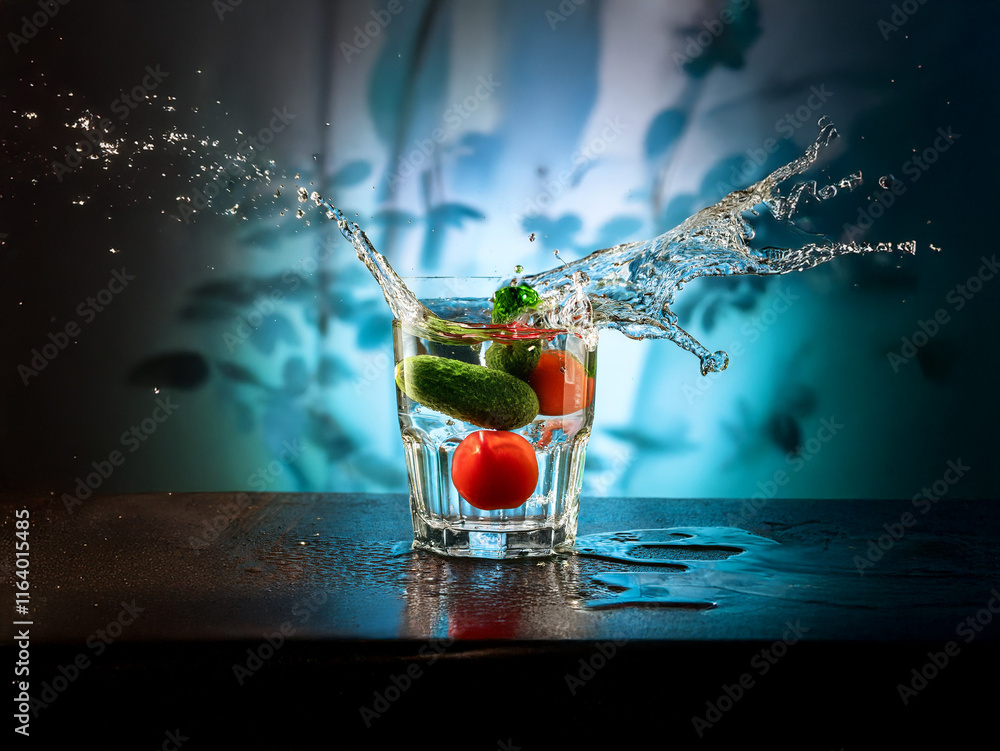 Fototapete refreshing image of a glass filled with water, cucumbers, and tomatoes, with splashing water droplet