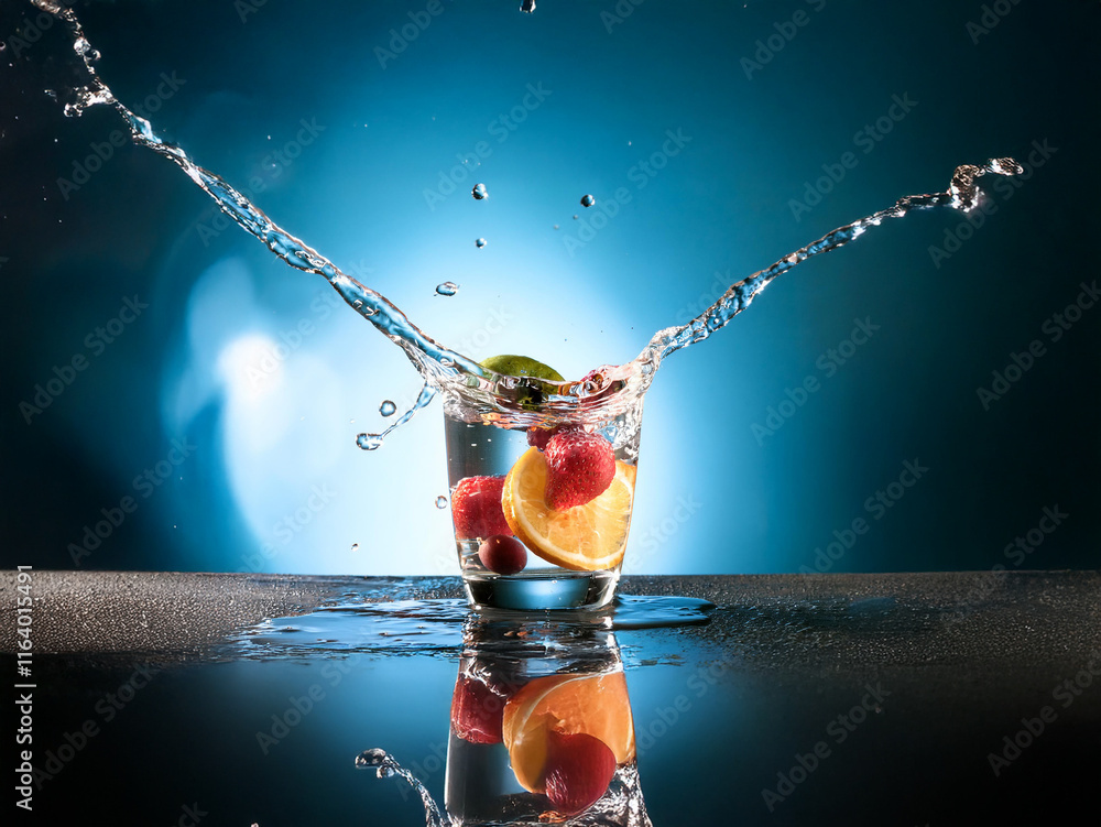 Leinwandbilder refreshing image of fruit splashing into a glass of water. the vibrant colors and dynamic water spra