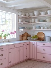 Pretty Pink Kitchen With White Dishes And Wooden Accents