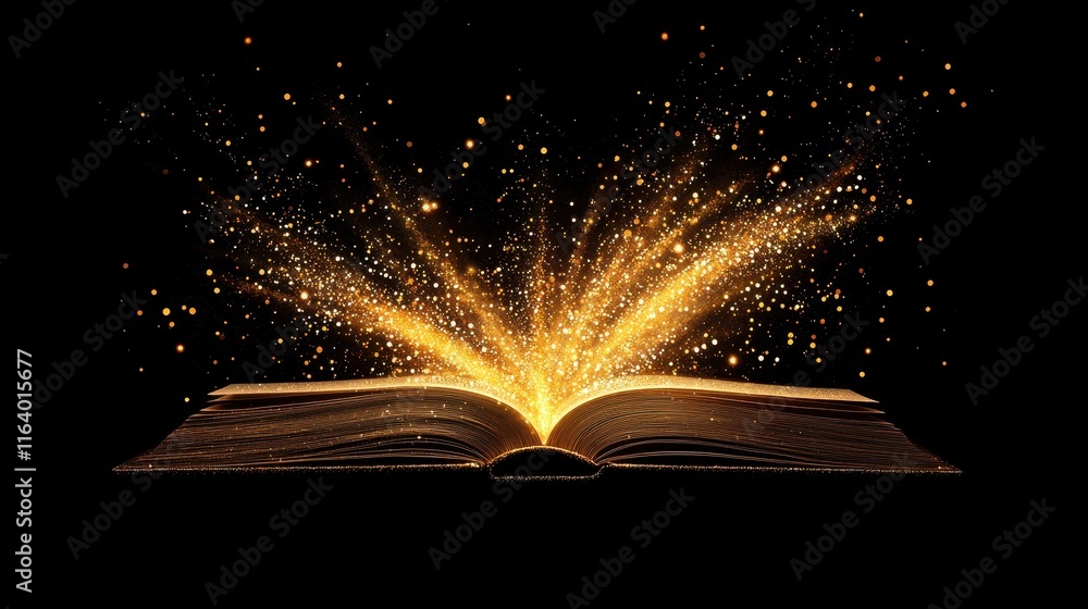 Poster magical open book with sparkles and shimmering effects in darkness