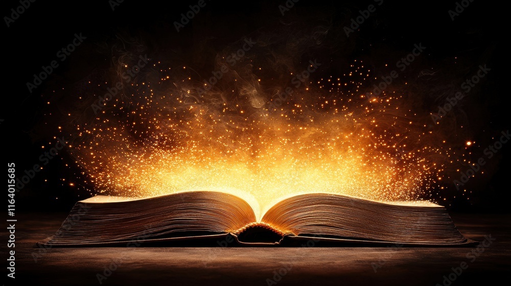 Poster open book creating magical sparkles in dark background
