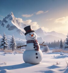 Obraz premium Frosty winter landscape with happy snowman standing in a snowy field, surrounded by trees and mountains , snowy field, peaceful scene, frosty landscape