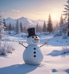 Obraz premium Frosty landscape with snowman enjoying winter scenery, calm and quiet, frozen forest