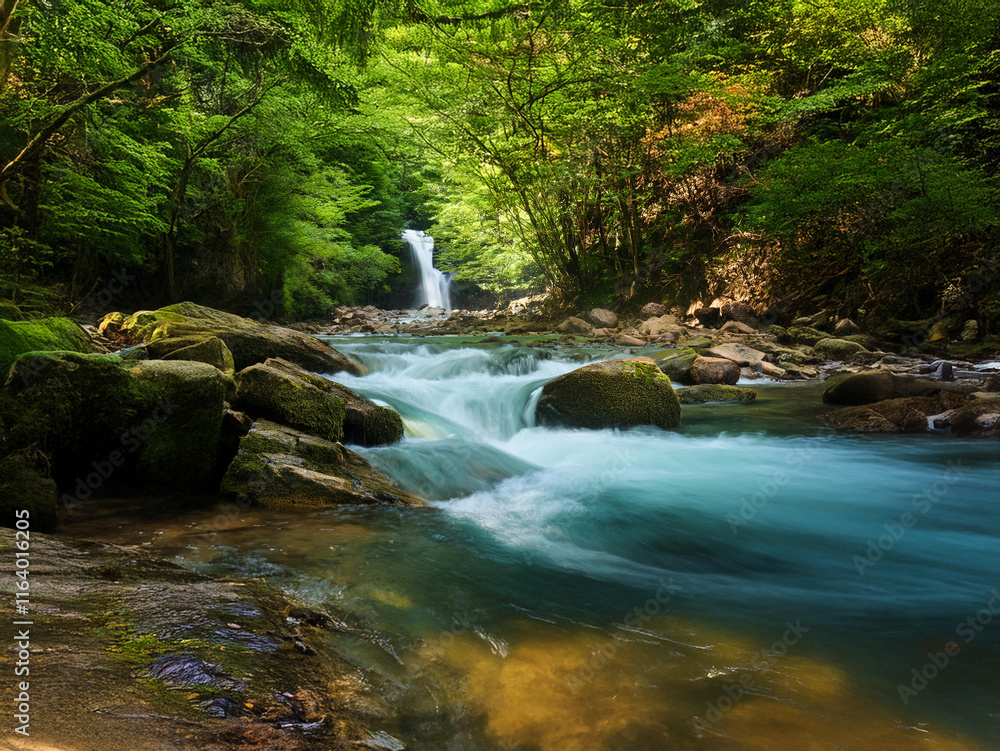 Poster Serene forest stream flows smoothly over mossy rocks towards a hidden waterfall. Sunlight filters through lush green canopy, creating a tranquil scene.