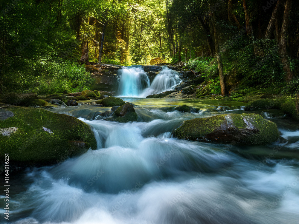 Poster serene forest stream cascades over moss-covered rocks, creating a tranquil, ethereal waterfall. sunl