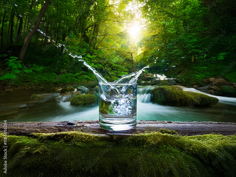 Aufkleber a glass of fresh water sits on a mossy log beside a flowing stream in a lush green forest, sunlight 