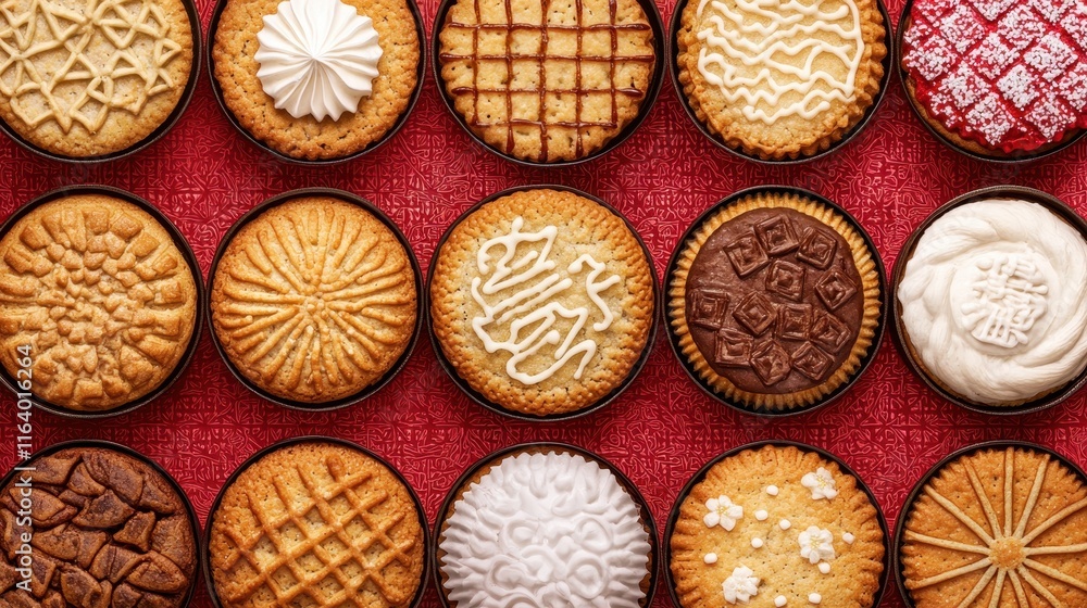 Poster assorted cookies with intricate designs on vibrant red background