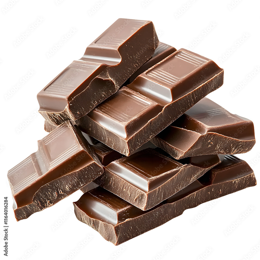 Poster pieces of chocolate bar isolated on transparent background generative ai.