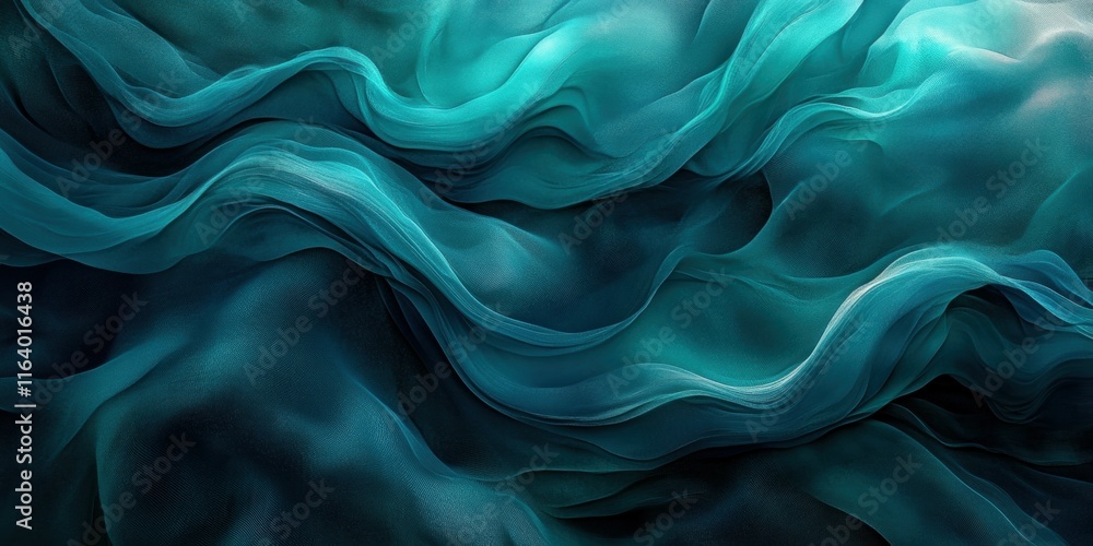 Poster a flowing abstract design with fluid shapes in shades of teal and blue.