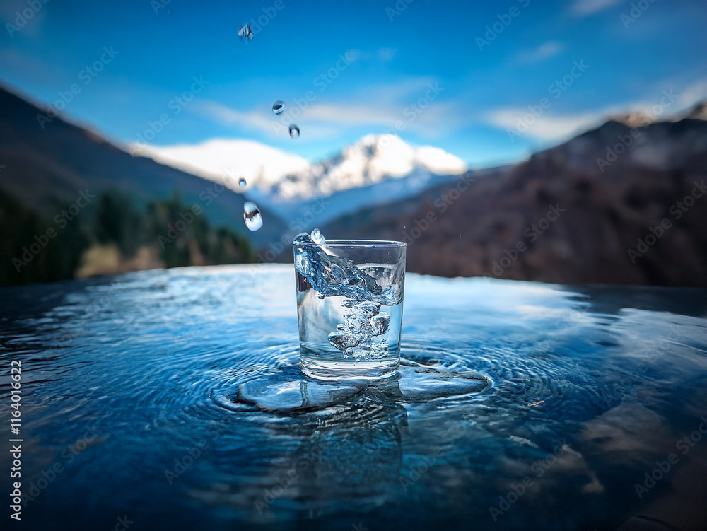 Aufkleber a glass of water sits on a reflective surface, water droplets splashing into it. mountains with snow