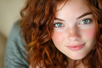 Naklejka premium Close-up portrait of a beautiful young redhead woman with freckles and green eyes.
