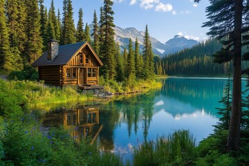 Fototapeta premium Wooden cabin by serene mountain lake surrounded by trees