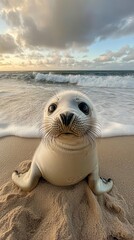 Obraz premium Adorable Seal Pup Poses On Sandy Beach At Sunset