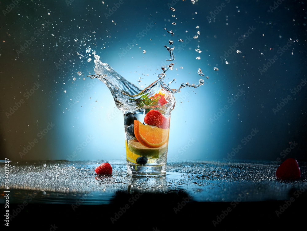 Poster Refreshing fruit-infused water splashes dramatically in a glass, creating a vibrant and dynamic image.  The scene is set against a dark, moody background, highlighting the juicy, colorful fruits.