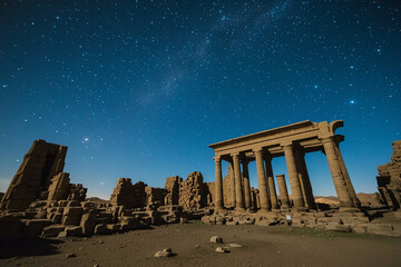 Naklejka premium Ancient ruins illuminated under a starry sky