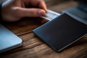 Fototapeta premium A focused moment as a hand places a card inside a black passport on a wooden table, symbolizing travel, identity, and the journey of life that awaits ahead.