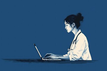 An Asian woman doctor in a white coat working on a laptop with a stethoscope, demonstrating professionalism and determination in a minimalistic blue background.