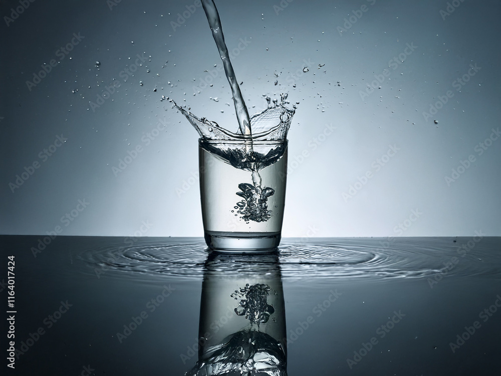 Poster water pours into a glass, creating a dramatic splash and ripple effect on a reflective surface. the 