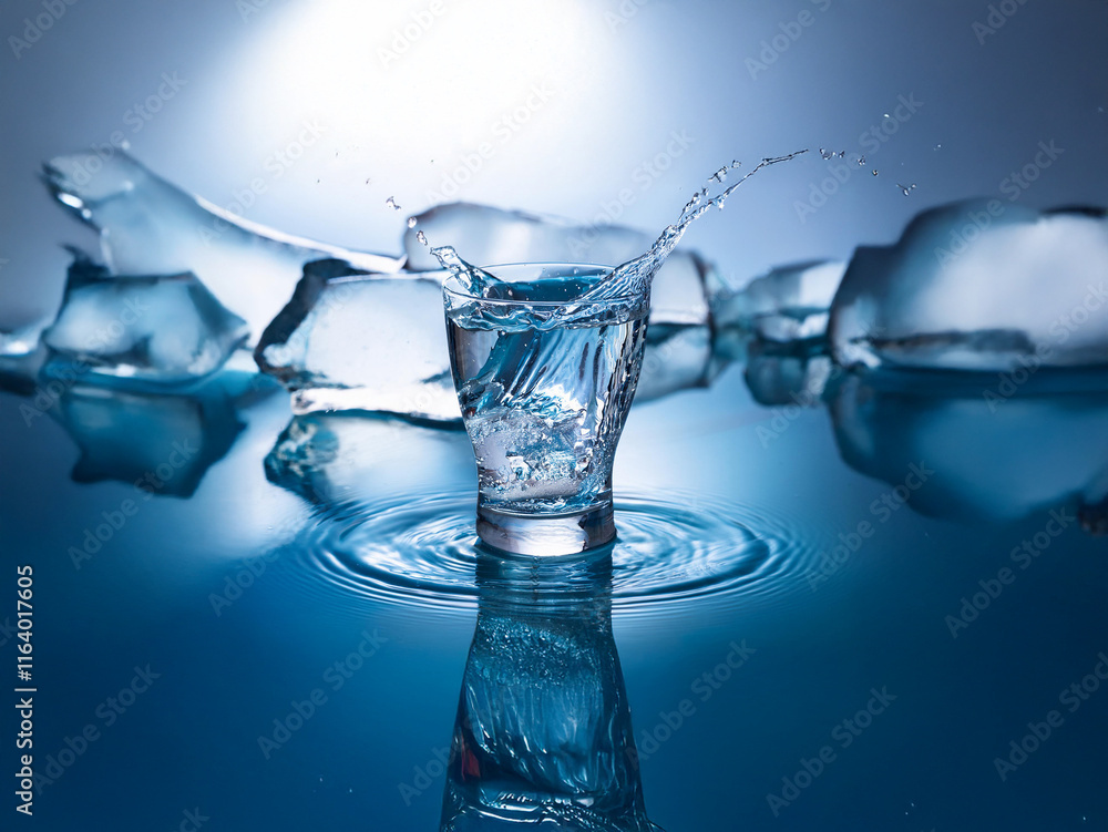 Leinwandbilder a glass of water with ice cubes splashing, creating dynamic ripples on a reflective blue surface. th