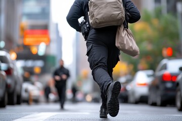 Naklejka premium An officer runs through a busy urban environment, emphasizing the urgency and dynamic nature of law enforcement in action amidst a city backdrop.