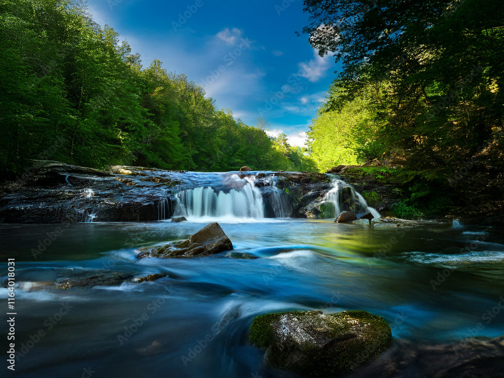 Aufkleber serene waterfall cascading over moss-covered rocks into a tranquil river, surrounded by lush green f