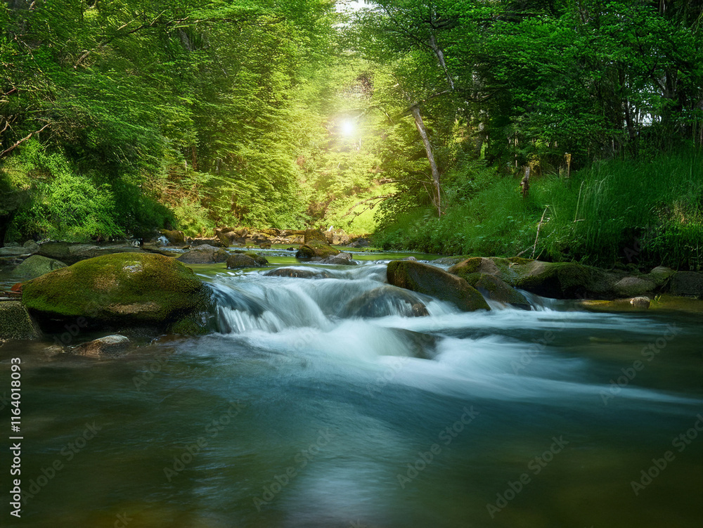 Poster serene forest stream flows over moss-covered rocks, sunlight filtering through lush green canopy. pe