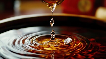 Elegant drips of Chinese Baijiu creating ripples in water, highlighting cultural beverage art