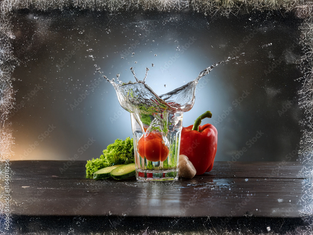 Poster a vibrant tomato drops into a glass of water, creating a dramatic splash. surrounding it are fresh v