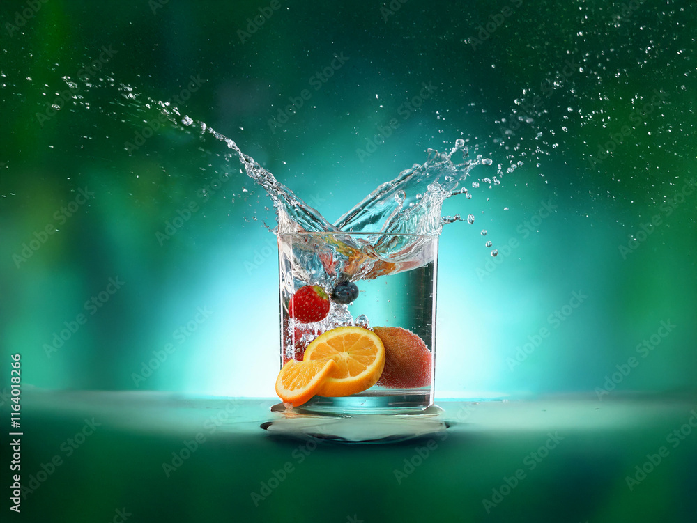 Leinwandbilder refreshing fruit splashing into a glass of water, creating a vibrant, dynamic scene. the juicy citru