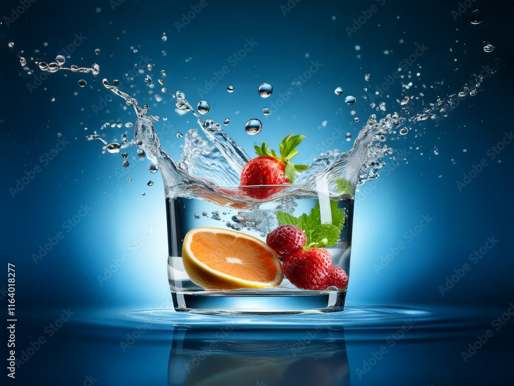 Aufkleber vibrant strawberries and grapefruit splash into a glass of water, creating a dynamic, refreshing sce